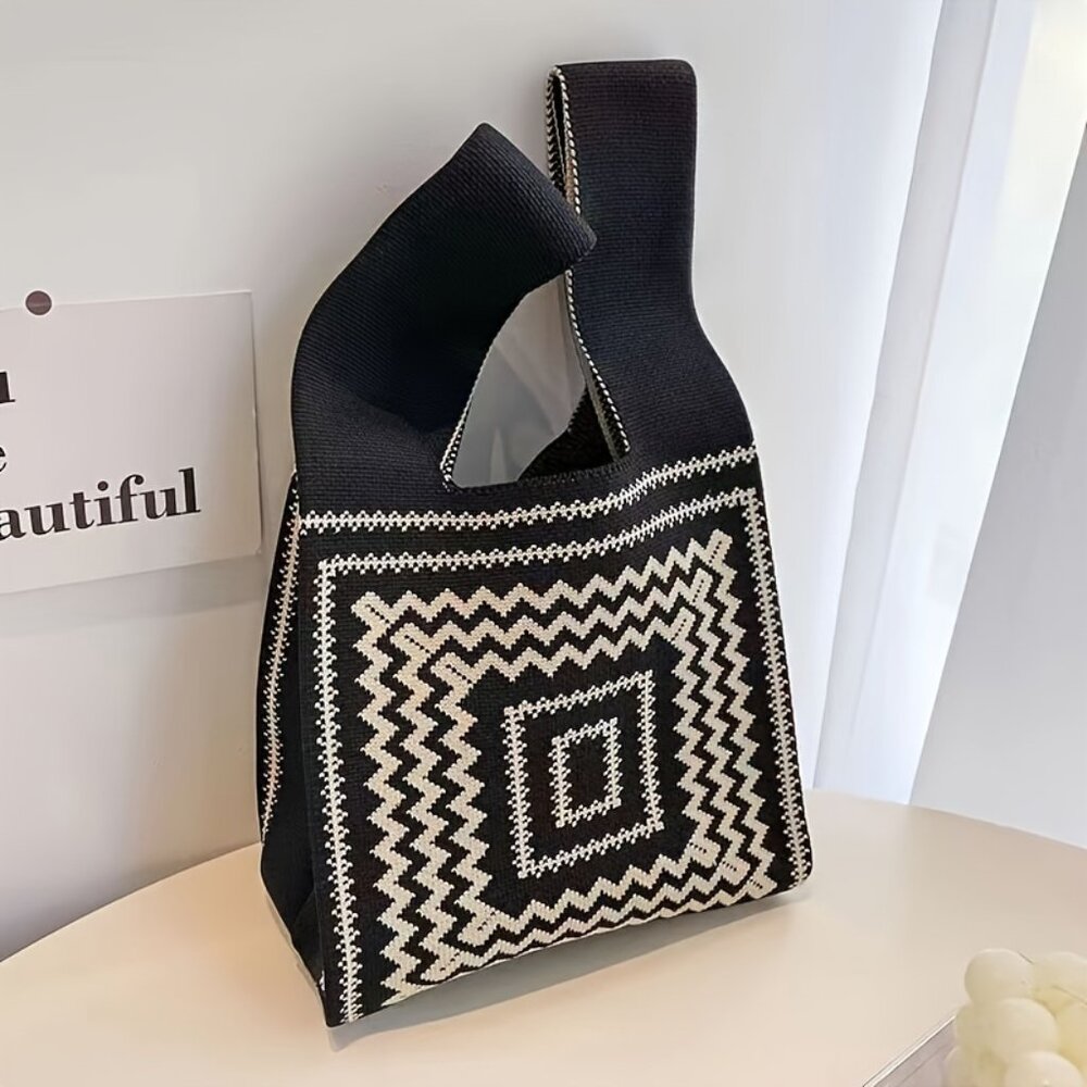 Boho Elegant Zigzag Knitted Tote Bag, Geometric Zigzag Pattern